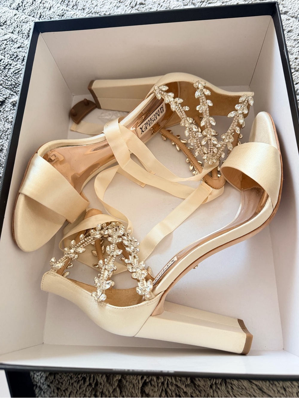 Badgley Mischka Ivory Satin Crystal-Ankle Tie Block Heels - Picture 3 of 11